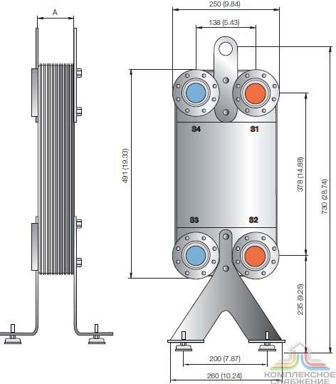 Габаритный чертеж паяного теплообменника Alfa Laval CBH100