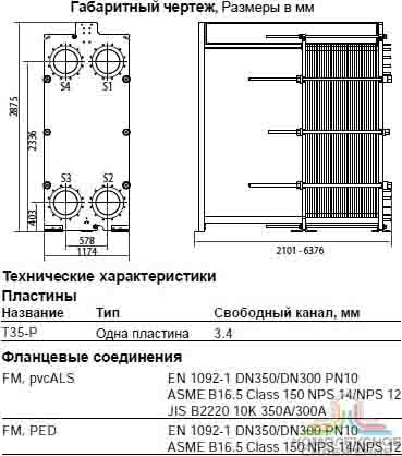 Габаритный чертеж теплообменника Alfa Laval T35-PFM