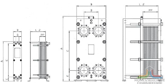 Габаритный чертёж пластинчатого теплообменника Funke FP 60