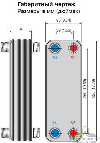 Габаритный чертеж паяного теплообменника Alfa Laval AC30EQ